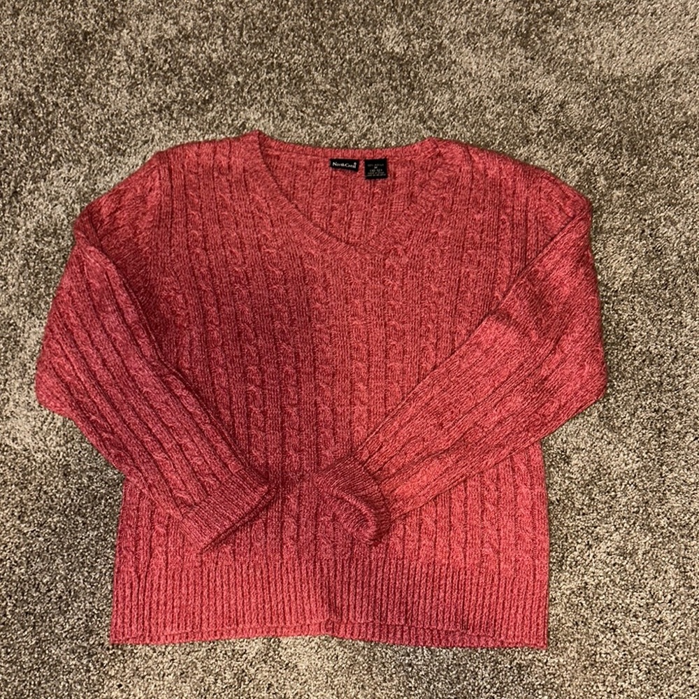 Northcrest Salmon V-Neck Cable Knit Sweater